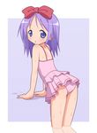  bare_shoulders blue_eyes blush casual_one-piece_swimsuit from_behind hair_ribbon hiiragi_tsukasa looking_back lucky_star mel_(melty_pot) one-piece_swimsuit purple_hair ribbon short_hair simple_background solo swimsuit water water_drop wet 