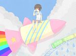  androgynous bad_id bad_pixiv_id barefoot brown_hair cloud crying crying_with_eyes_open earbuds earphones ground_vehicle highres kurosaki_nana male_focus niconico rainbow raruka red_eyes rocket_ship sad shirt shorts solo space_craft star t-shirt tears train 