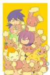  2boys annoyed buneary carrot chimchar cup elekid male male_focus multiple_boys pokemon pokemon_(anime) purple_hair shinji_(pokemon) smile 