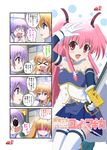  4koma angel_beats! asumi_kana catchphrase comic cosplay fangs gloves highres irie_(angel_beats!) katou_emiri kitamura_eri kyubey long_hair mahou_shoujo_madoka_magica make_a_contract miki_sayaka miki_sayaka_(cosplay) multiple_girls pink_hair red_eyes seiyuu_connection sekine sora_(aki00) sword thighhighs title_parody translated twintails weapon working!! yui_(angel_beats!) 