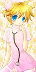  1boy blonde_hair blue_eyes blush child crossdress crossdressing hat kagamine_len male_focus nurse nurse_cap open_mouth short_hair shota side_ponytail simple_background sinwa_(tamaki) sitting solo stethoscope thighhighs trap vocaloid 