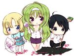  2girls aguri_(aguri0406-aoi) black_hair blonde_hair blue_eyes chibi crocodile crocodilian cup dai_takashi drinking_glass green_hair hairband long_hair multiple_girls short_hair simone_aragon star_driver thighhighs umbrella watanabe_kanako wine_glass 