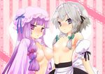  bad_id bad_pixiv_id braid breasts flat_chest frown hat izayoi_sakuya kiritomo_koroha maid_headdress medium_breasts multiple_girls nipples no_bra open_clothes patchouli_knowledge purple_eyes purple_hair silver_hair small_breasts topless touhou twin_braids 