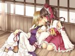  blonde_hair brown_hair geike hakurei_reimu japanese_clothes long_hair miko touhou yakumo_yukari yuri 