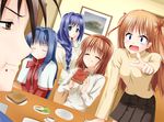  4girls aizawa_yuuichi breakfast dutch_angle eating hair_intakes kanon minase_akiko minase_nayuki multiple_girls sawatari_makoto school_uniform tsukimiya_ayu yuzuki_karin 