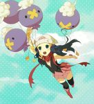  balloon bare_shoulders beanie black_legwear blue_eyes blue_hair boots carrying cloud creature dress drifloon emunise flying gen_4_pokemon hair_ornament hairclip hat heart hikari_(pokemon) knee_boots long_hair miniskirt open_mouth pink_footwear pleated_skirt poke_ball_print pokemon pokemon_(creature) polka_dot polka_dot_background red_scarf scarf skirt sky sleeveless teeth thighhighs watch wristwatch zettai_ryouiki 