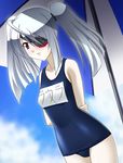  blush dutch_angle eyepatch infinite_stratos kouun laura_bodewig long_hair name_tag one-piece_swimsuit pale_skin red_eyes school_swimsuit silver_hair solo swimsuit translated twintails 