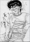  1boy blush cum drool ejaculation gouryu handjob male male_focus masturbation monochrome penis saliva solo urameshi_yusuke yaoi yu_yu_hakusho yuu_yuu_hakusho 