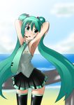  aqua_eyes aqua_hair armpits arms_up black_legwear blush hatsune_miku kohaku_ryuu long_hair necktie open_mouth skirt solo standing thighhighs twintails very_long_hair vocaloid 