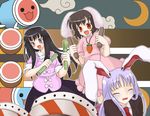  animal_ears black_hair brown_hair bunny_ears houraisan_kaguya inaba_tewi kotomi_(happy_colors) multiple_girls purple_eyes purple_hair red_eyes reisen_udongein_inaba taiko_no_tatsujin touhou wada_don wada_katsu 