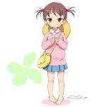  barefoot brown_hair child feet hair_bobbles hair_ornament hat kindergarten looking_at_viewer original school_hat short_twintails skirt socks solo take_(office-t) twintails yellow_eyes 