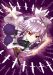  braid genjuu_rou izayoi_sakuya knife maid maid_headdress pantyhose red_eyes short_hair silver_hair solo touhou twin_braids 