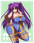  afuro bare_shoulders breasts cosplay erect_nipples faris_scherwiz female final_fantasy final_fantasy_v green_eyes large_breasts long_hair monk monk_(fft) open_mouth plump purple_hair solo sweat twintails 