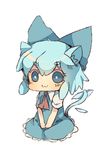 :3 animal_ears bad_id bad_pixiv_id blue_dress blue_eyes blue_hair bow cat_ears cat_tail chibi cirno dress eyebrows hair_bow hands_on_lap masirosu sitting solo tail thick_eyebrows touhou v-shaped_eyebrows wings 