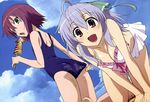  :d absurdres adjusting_clothes adjusting_swimsuit ahoge bikini breasts brown_eyes cleavage cloud day green_eyes highres hiyamizu_yukie looking_back medium_breasts merry_nightmare multiple_girls non-web_source nyantype official_art one-piece_swimsuit open_mouth purple_hair school_swimsuit silver_hair sky smile swimsuit tachibana_isana tattoo yumekui_merry 