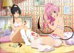  black_hair green_eyes kotegawa_yui lala_satalin_deviluke panties pink_hair stockings tail to_love_ru underwear 