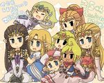  black_eyes blonde_hair blue_eyes brown_hair earrings jewelry long_hair lowres multiple_girls multiple_persona pointy_ears princess_zelda smile tetra the_legend_of_zelda the_legend_of_zelda:_a_link_to_the_past the_legend_of_zelda:_ocarina_of_time the_legend_of_zelda:_spirit_tracks the_legend_of_zelda:_the_wind_waker the_legend_of_zelda:_twilight_princess toon_zelda tsutsuji young_zelda 