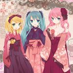  alternate_costume bad_id bad_pixiv_id blonde_hair blue_eyes blue_hair choker flower hatsune_miku highres japanese_clothes kagamine_rin kimono long_hair megurine_luka momose multiple_girls pink_flower pink_hair pink_rose purple_flower purple_rose rose short_hair side_ponytail smile twintails vocaloid yellow_flower yellow_rose 