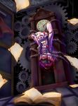  arms_up ball_gag bdsm blood bondage book bound bound_torso chain clock crack flying_paper gag gagged gayprince gears guro hair_over_eyes hair_ribbon hat highres indoors long_hair open_book paper patchouli_knowledge purple_hair ribbon severed severed_torso solo tied_up torn_clothes touhou 