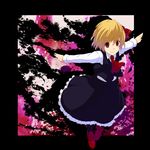  bad_id bad_pixiv_id blonde_hair blue_dress dress hair_ribbon highres outstretched_arms red_eyes ribbon rumia short_hair smile solo touhou tsuttsu 