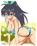  all_fours bad_id bad_pixiv_id bikini black_hair blue_eyes breasts ganaha_hibiki hanging_breasts high_ponytail idolmaster idolmaster_(classic) large_breasts long_hair marugoshi_teppei ponytail sketch solo swimsuit 