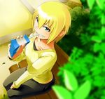  bench blonde_hair blue_eyes donarudo drinking drinking_straw fang highres kon_futaba pants short_hair sitting solo soredemo_machi_wa_mawatteiru 