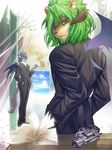  demon green_hair gun hair horn horns koi_(artist) male ranged_weapon suit tail weapon wings 