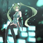  aqua_eyes breasts covered_nipples green_hair hatsune_miku highres hope_yakisoba long_hair monitor necktie no_panties no_pants sitting small_breasts solo thighhighs twintails vocaloid 