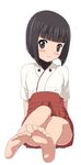  bad_id bad_pixiv_id bangs barefoot black_eyes black_hair blunt_bangs blush_stickers bob_cut boko_(maniacpurple) feet foreshortening full_body inagaki_mami japanese_clothes military military_uniform perspective pov_feet short_hair simple_background sitting smile soles solo toes uniform world_witches_series 