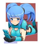  blue_eyes blue_hair blush breasts cellphone cosmic_break gloves large_breasts lily_rain lying on_stomach phone sideboob solo tears twintails wakaba 