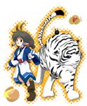  ainu_clothes animal_ears aruruw black_hair boots brown_eyes chestnut dog_ears full_body highres honey jar long_hair mukkuru piyo_(piyonosuke2) solo tiger transparent_background utawareru_mono 