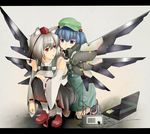  animal_ears bare_shoulders blue_eyes blue_hair cable computer detached_sleeves geta hair_bobbles hair_ornament hat inubashiri_momiji kawashiro_nitori kneeling laptop letterboxed machine mechanical_wings multiple_girls red_eyes silver_hair skirt squatting tkln tokin_hat touhou two_side_up wings wolf_ears 