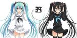  aqua_eyes aqua_hair black_hair black_legwear glasses hatsune_miku headphones highres long_hair mikupa norita open_mouth thighhighs twintails vocaloid white_legwear 