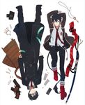  ao_no_exorcist arms_up bad_id bad_pixiv_id belt black_hair blue_eyes boots brothers bullet cellphone chain coat feathers flower glasses gun handgun highres katana key male_focus multiple_boys necktie oka_(a.m.) okumura_rin okumura_yukio phone pointy_ears school_uniform siblings striped striped_neckwear sword tail upside-down weapon 