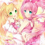  ao_ringo blonde_hair blue_eyes blush bow choker cure_melody cure_rhythm green_eyes hair_bow heart highres houjou_hibiki magical_girl minamino_kanade multiple_girls pink_bow pink_choker pink_hair precure suite_precure twintails 