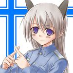  animal_ears bad_id bad_pixiv_id crossed_fingers eila_ilmatar_juutilainen fox_ears grey_hair long_hair masarou military military_uniform muri_dana purple_eyes smile solo strike_witches uniform world_witches_series 