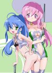  ahoge alternate_hairstyle bare_shoulders bent_over bikini blue_hair breasts choker cleavage closed_umbrella green_eyes hand_on_hip izumi_konata long_hair lucky_star makacoon medium_breasts multiple_girls navel panties pink_eyes pink_hair planted_umbrella ponytail race_queen revealing_clothes star swimsuit takara_miyuki thighhighs thong thong_bikini umbrella underwear 