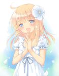  :d ahoge bad_id bad_pixiv_id bare_arms blonde_hair blue_eyes blush bracelet dress flower hair_flower hair_ornament hands_clasped head_tilt interlocked_fingers jewelry long_hair open_mouth original own_hands_together pan_(mimi) petals smile solo upper_body white_dress 