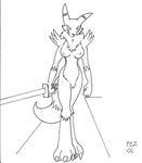  2006 breasts canine claws digimon female fez_(artist) fox inks looking_at_viewer pussy renamon solo standing sword tail weapon 
