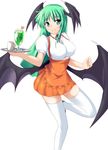  alternate_costume anna_miller breasts cup demon_wings glass green_eyes green_hair head_wings impossible_clothes impossible_shirt large_breasts low_wings morrigan_aensland mug nishiumi_yuuta orange_skirt shirt skirt smile thighhighs tray vampire_(game) waitress white_legwear wings 