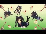  amano_kouki animal_ears black_hair brown_eyes cake cat_ears cat_tail chibi food guitar instrument jitome k-on! legs_up letterboxed long_hair looking_at_viewer lying nakano_azusa on_stomach school_uniform sidelocks solo tail twintails wallpaper 