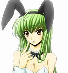  animal_ears bad_id bad_pixiv_id bare_shoulders bow bowtie breasts bunny_ears bunnysuit c.c. ccllsaikou cleavage code_geass finger_to_mouth green_hair long_hair medium_breasts simple_background solo upper_body yellow_eyes 