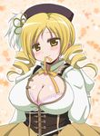  afuro beret blonde_hair blush bra breasts cleavage detached_sleeves drill_hair fingerless_gloves gloves hair_ornament hat large_breasts lingerie magical_girl mahou_shoujo_madoka_magica mouth_hold puffy_sleeves ribbon ribbon_in_mouth solo tomoe_mami underwear yellow_eyes 