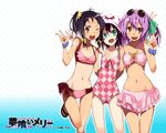  :d ;d bandeau bikini black_hair brown_eyes casual_one-piece_swimsuit checkered checkered_swimsuit eyewear_on_head fang front-tie_top green_eyes kounagi_yui merry_nightmare multiple_girls navel official_art one-piece_swimsuit one_eye_closed open_mouth pink_swimsuit ponytail purple_hair ribbon sandals short_hair side_ponytail smile sunglasses swimsuit tachibana_isana tan tanline thigh_gap ushiki_yoshitaka v wallpaper yumekui_merry 