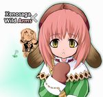  :o animal_ears belt chibi copyright_name cosplay crossover flower gloves hat m.o.m.o. mariel_(wild_arms) mariel_(wild_arms)_(cosplay) nephilimax pink_hair shawl short_hair simple_background solo_focus wild_arms wild_arms_1 xenosaga yellow_eyes 