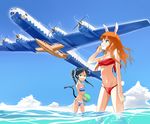  aircraft airplane animal_ears b-29_superfortress ball bandeau beachball bikini black_hair blue_eyes bomber breasts bunny_ears cat_ears charlotte_e_yeager cloud day francesca_lucchini fukumaru_(ns1) green_eyes highres long_hair medium_breasts military military_vehicle multiple_girls ocean orange_hair outdoors red_bikini sky small_breasts strike_witches striped striped_bikini striped_swimsuit swimsuit water world_witches_series x-1 
