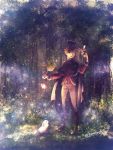  1boy axis_powers_hetalia bangs blonde_hair boots bunny cloak commentary forest hat holding knee_boots light_particles long_sleeves looking_at_another male_focus nature outdoors pants pants_tucked_in solo standing twitter_username united_kingdom_(hetalia) 