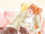  blonde_hair blue_eyes blush breast_grab breasts brown_hair chocolate couple fate_testarossa grabbing heart kiss long_hair lyrical_nanoha mahou_shoujo_lyrical_nanoha medium_breasts multiple_girls panties red_eyes shared_food takamachi_nanoha underwear undressing valentine watercolormark yuri 