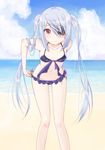  adjusting_clothes adjusting_swimsuit bad_id bad_pixiv_id banned_artist bare_shoulders blush cloud day eyepatch infinite_stratos laura_bodewig long_hair mirai_(macharge) red_eyes silver_hair sky solo swimsuit twintails water 