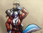  2 abs anthro big_breasts blue blue_fur blue_hair breasts canine female fur hair hat hopey iggi mammal muscles muscular_female soldier soldier_(team_fortress_2) solo standing tail team_fortress_2 teamfortress video_games weapon wolf 